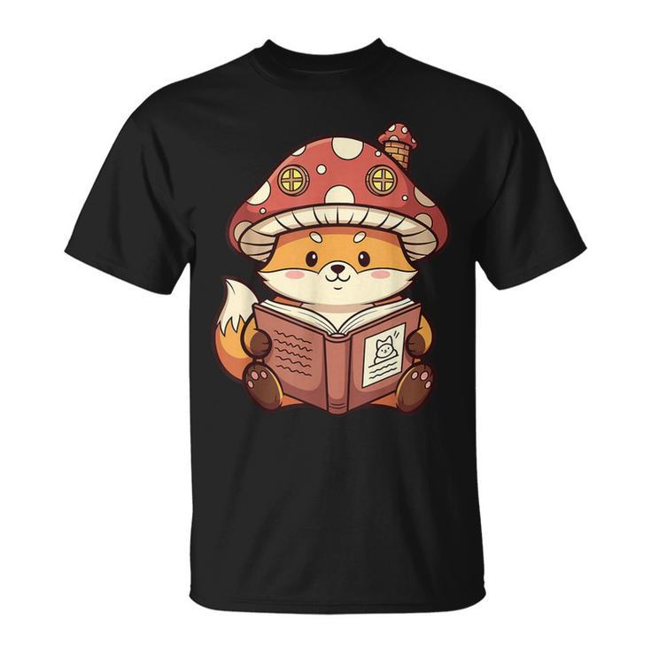 Cute Shiba Inu Mushroom Hat Reading Book Art T-Shirt