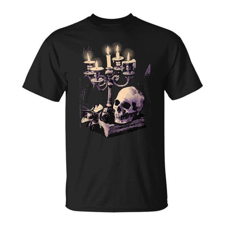 Dark Academia Aesthetic Gothic Book Candle Skull Red Rose T-Shirt