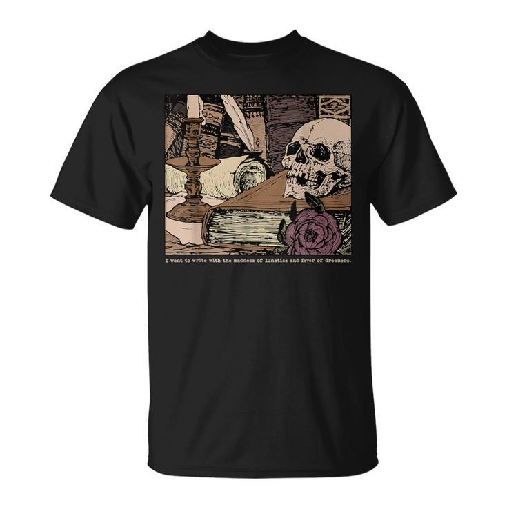 Dark Academia Aesthetic Skull Writer Authors Book Lover T-Shirt