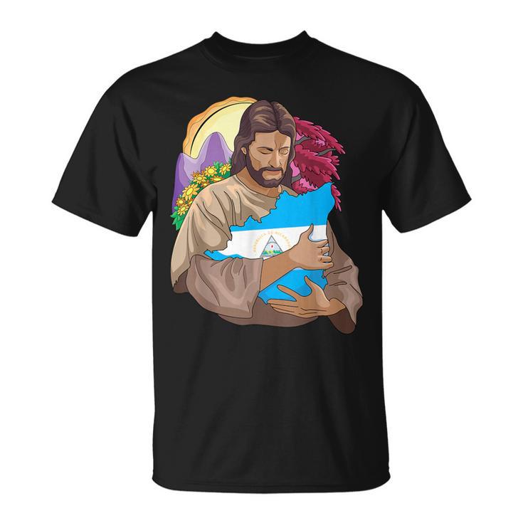 De Jesus Abrazando La Bandera De Nicaragua Bandera Bandera Camiseta unisex