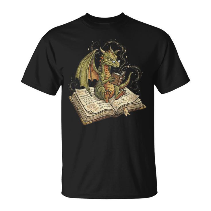 Dragon Bookworm Reading Fantasy Book Graphic Art T-Shirt