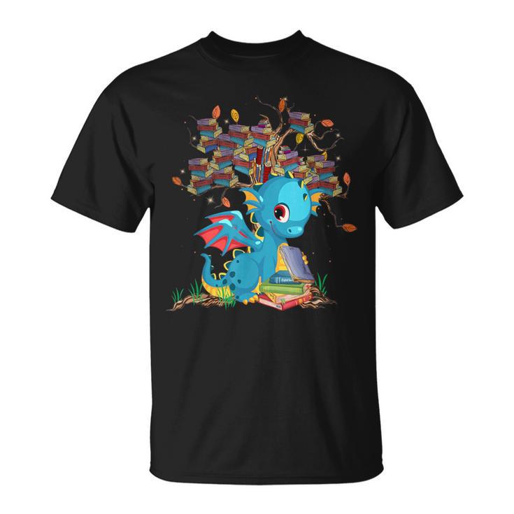 Dragon With Tree Books Cute Dragon Read Books T-Shirt Dragon With Tree Books Cute Dragon Read Books T-Shirt