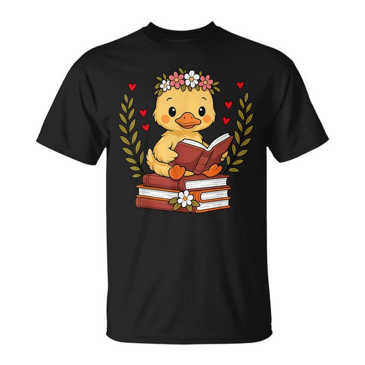 Duck Reading Book Graphic Duck With Book Floral T-Shirt