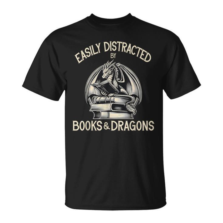 Easily Distracted By Books And Dragons Book Dragon Lover T-Shirt