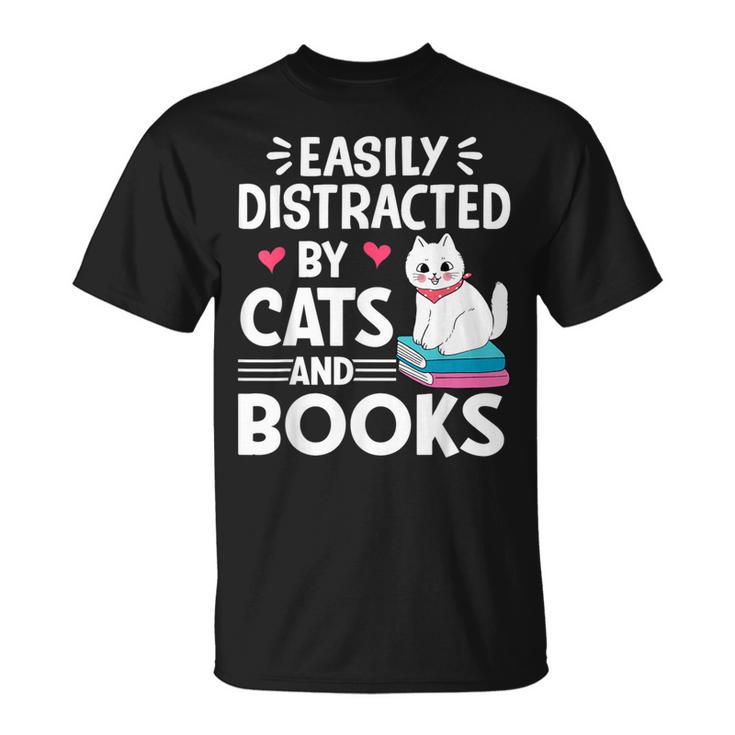 Easily Distracted By Cats And Books Cute Cat And Book Lovers T-Shirt