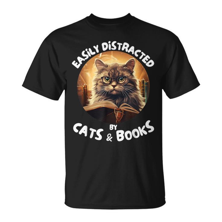 Easily Distracted By Cats And Books Librarians Bibliophiles T-Shirt