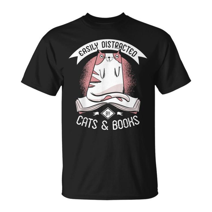 Easily Distracted By Cats And Books Men Cat Book Lover T-Shirt