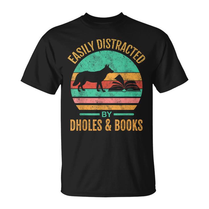 Easily Distracted By Dholes & Books Retro Wild Dogs Lover T-Shirt