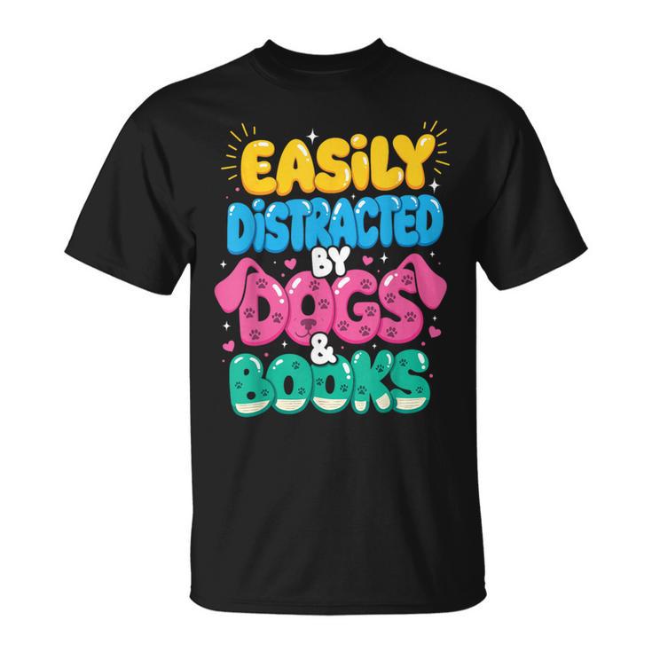 Easily Distracted By Dogs & Books Kawaii Dog & Book Lover T-Shirt