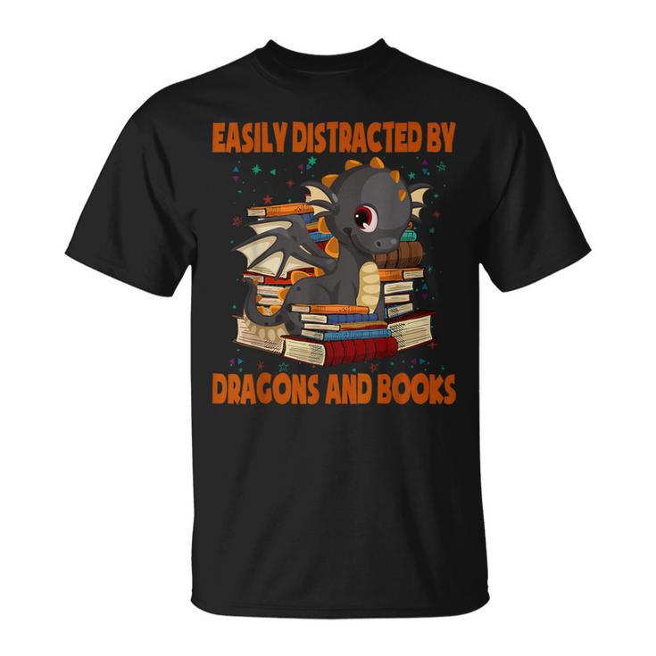 Easily Distracted By Dragon And Books Cute Dragon Read Book T-Shirt