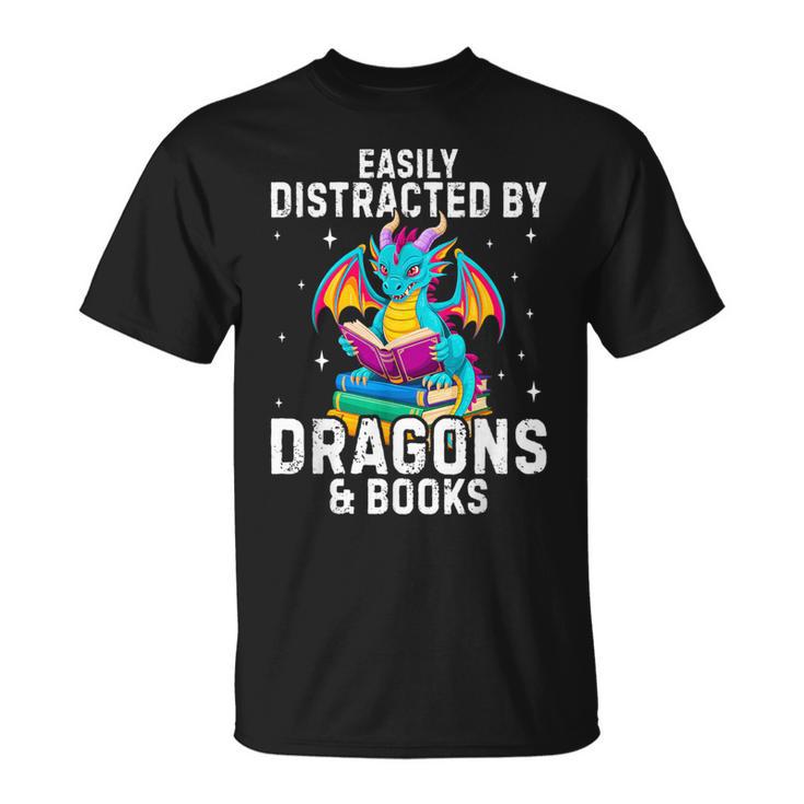 Easily Distracted By Dragons & Books Bookworm Library T-Shirt