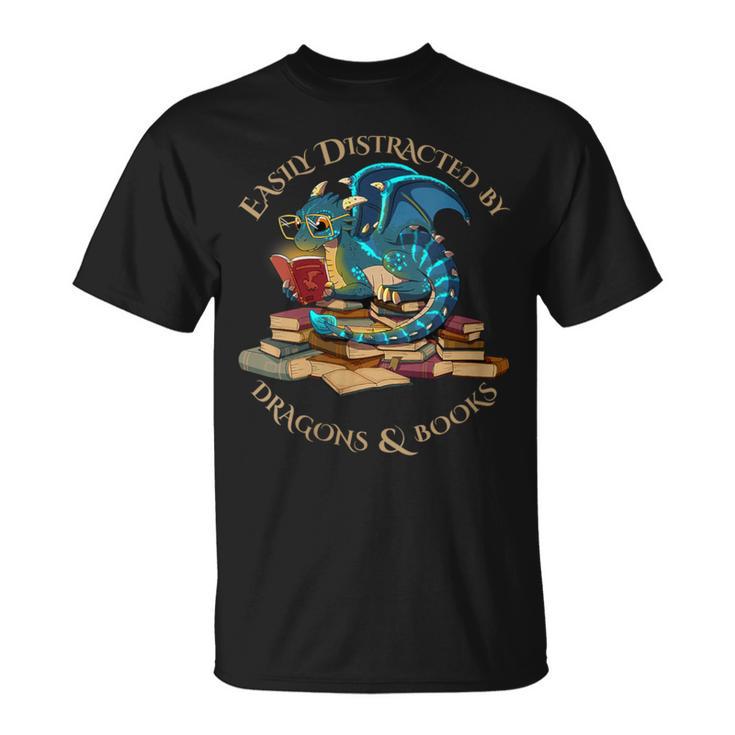 Easily Distracted By Dragons And Books Nerd Dragon T-Shirt