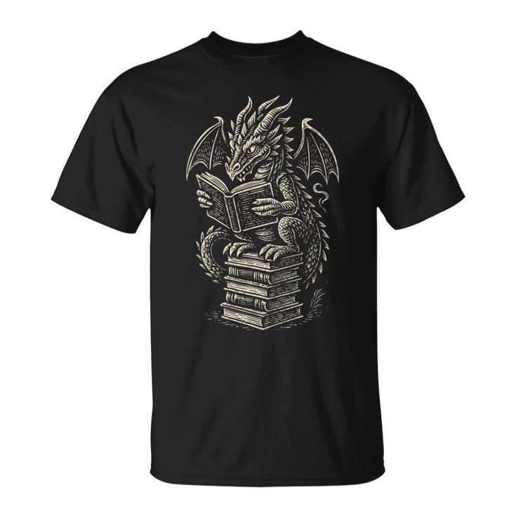 Fantasy Dragon Reading Books Librarian Literature T-Shirt