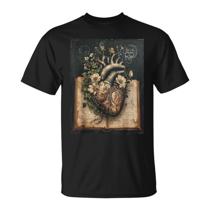 Floral Anatomical Heart Dark Academia Vintage Gothic Book T-Shirt