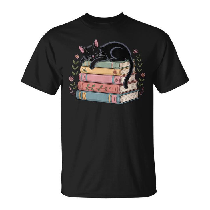 Floral Cat Sleeping On Books T-Shirt
