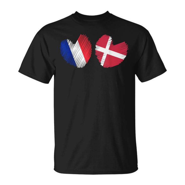 France Danemark Coeur Drapeau Français Danois Drapeau Grunge Coeur T-Shirt