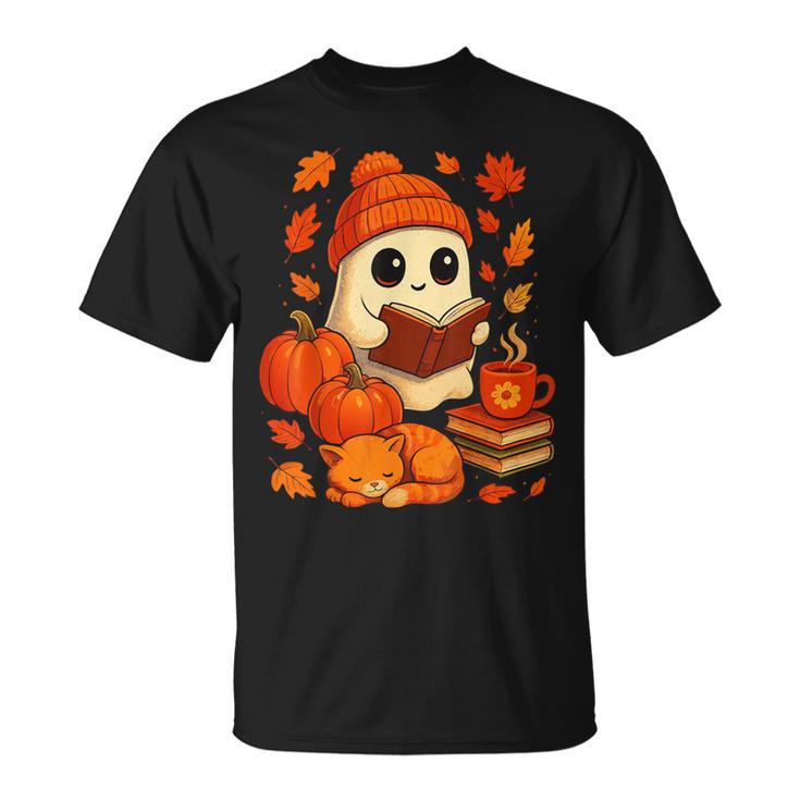 Ghost Reading Book Lovers Autumn Fall Halloween T-Shirt