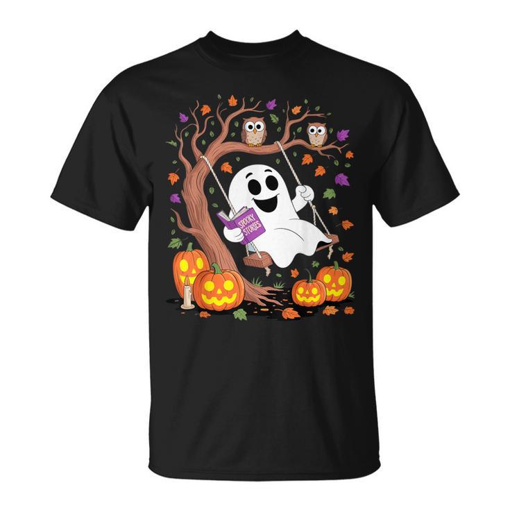 Ghost Reading Book On Swing Halloween Autumn Art T-Shirt