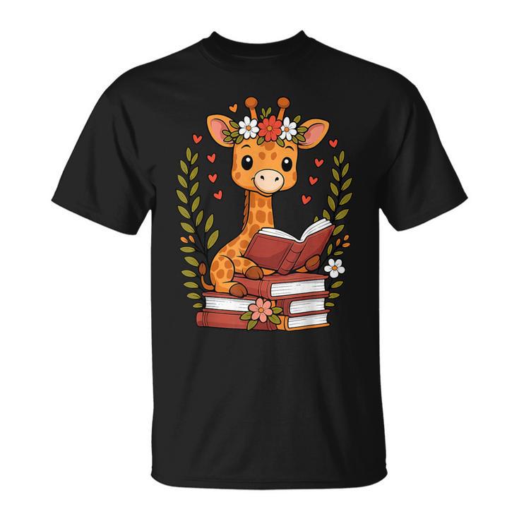 Giraffe Reading Book Graphic Giraffe With Book Floral T-Shirt
