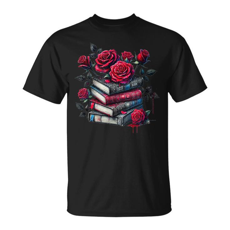 Gothic Books Roses Dark Academia Vintage Library Romance T-Shirt