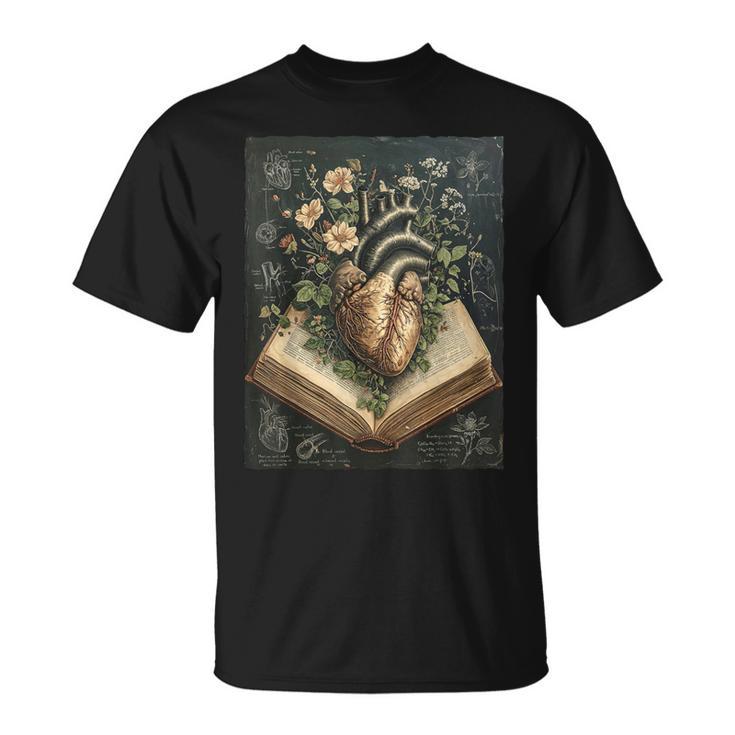 Gothic Dark Academia Botanical Anatomical Heart Vintage Book T-Shirt