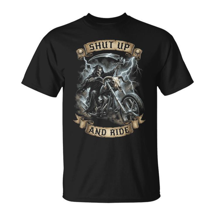 Grim Reaper オートバイ バイカー スケルトン シャット アップ アンド ライド Tシャツ