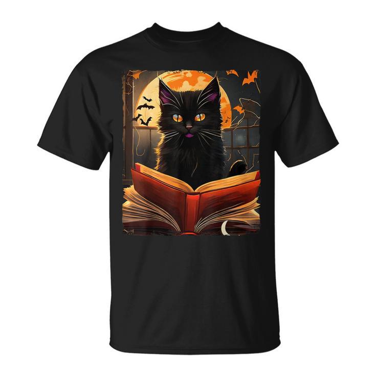 Halloween Cat Reading Books Spooky Cat Reader Teachers For Men Women Kids T-Shirt