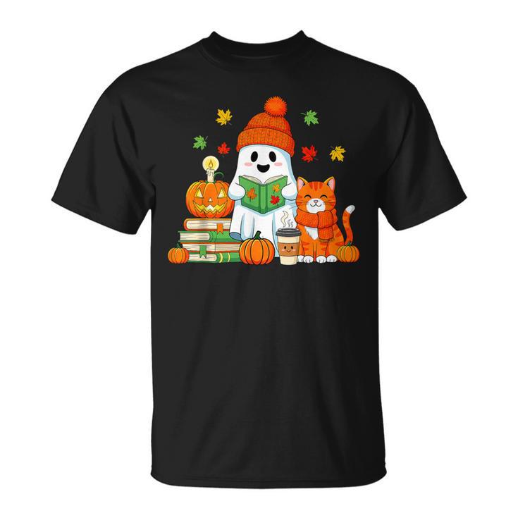 Halloween Ghost Cat Reading Book Women Girls Cute T-Shirt