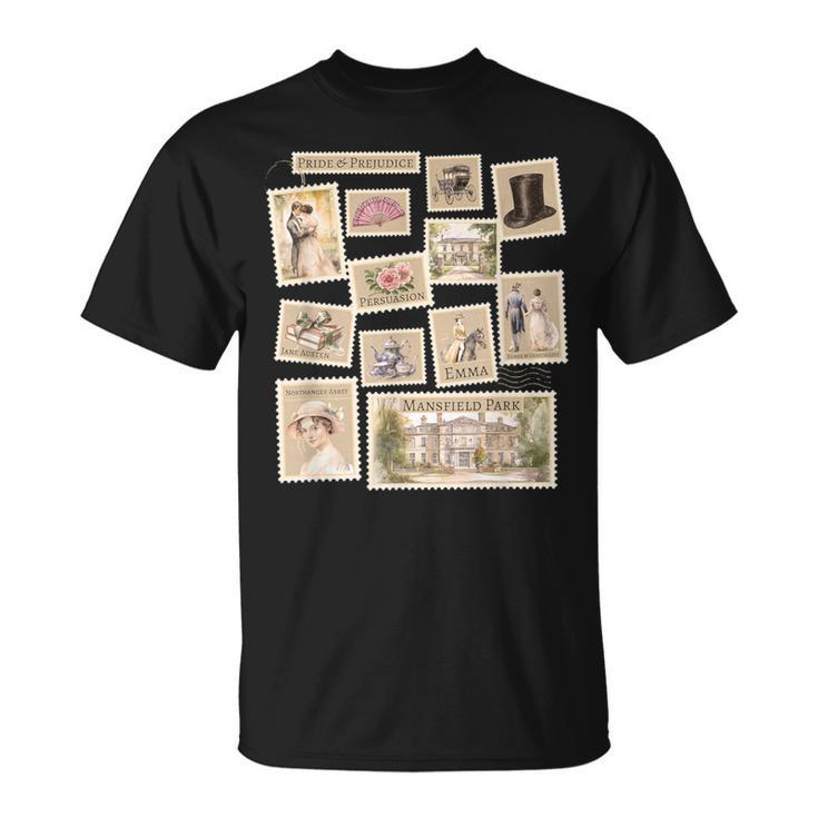 Jane Austen Book Classic Literature Stamp Collage T-Shirt