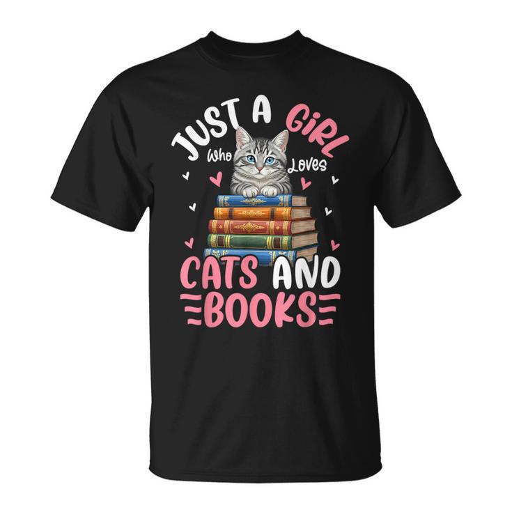 Just A Girl Who Loves Books And Cats Cat Reading Girls T-Shirt