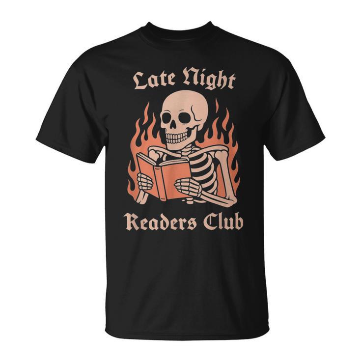 Late Night Readers Club Skeleton Book Lover T-Shirt