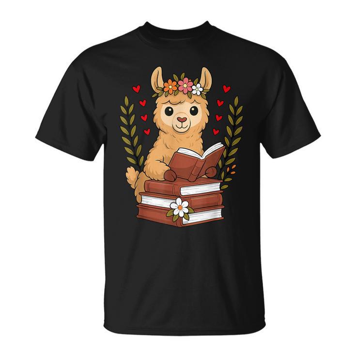 Llama Reading Book Graphic Llama With Book Floral T-Shirt