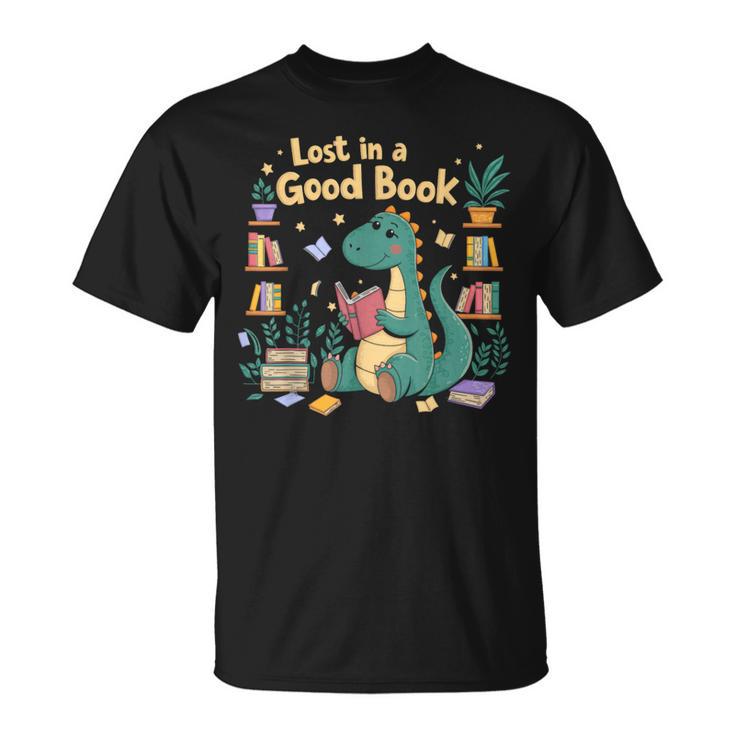 Lost In a Good Book Cute Reading Dinosaur Illustration T-Shirt