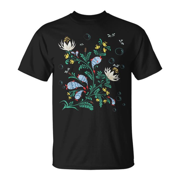Magic Fish ファニー フィッシング フローラル ヴィンテージ ウクライナ ヴィシバンカ Tシャツ