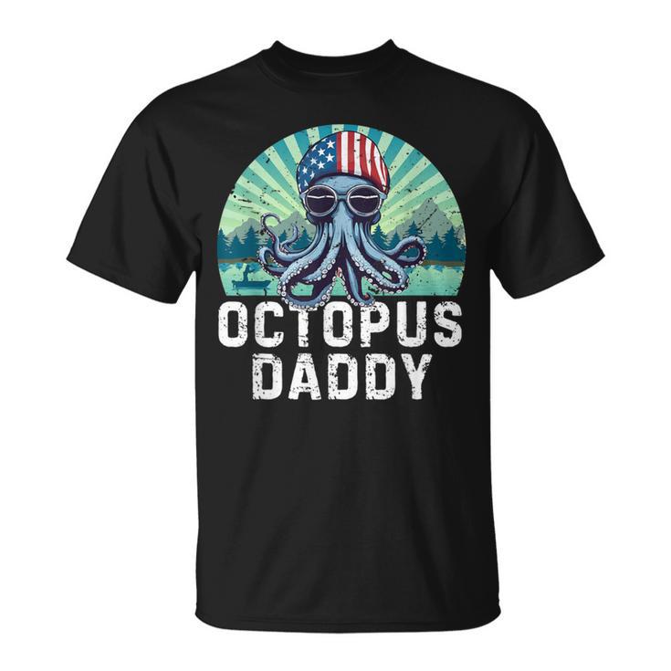 Octopus Daddy Bandiera Usa Festa Del Papà 4 Luglio Retrò Maglietta