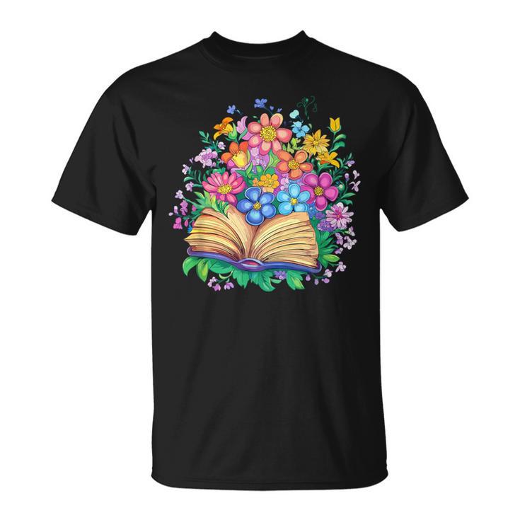 Open Book Surrounded By Colorful Spring Flowers Bloom T-Shirt