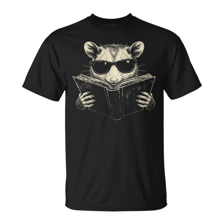 Opossum Reading Book Sunglasses Vintage Trash Panda T-Shirt
