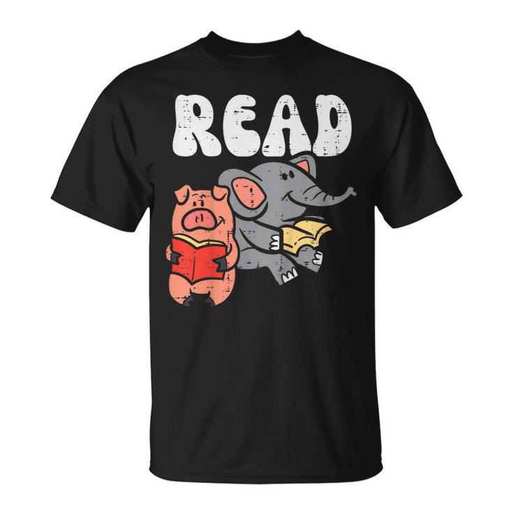 Pig Elephant Reading Cute Book Lover Bookworm Boys Girls Kid T-Shirt