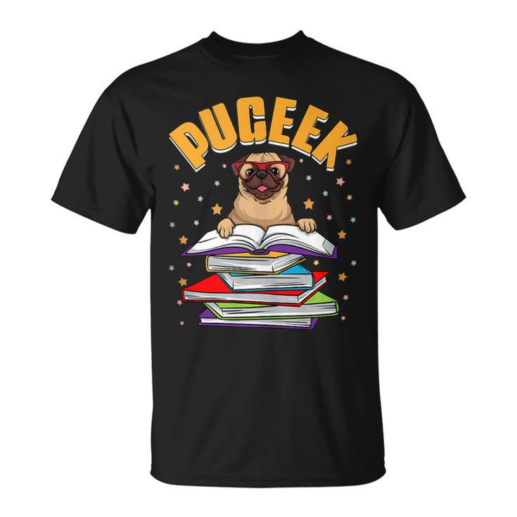Pug Lovers Who Love To Read PUGEEK Pug With Books T-Shirt