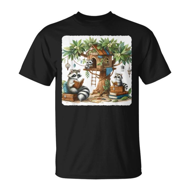 Raccoon Family Reading Around Treetop Home Books Adventure T-Shirt