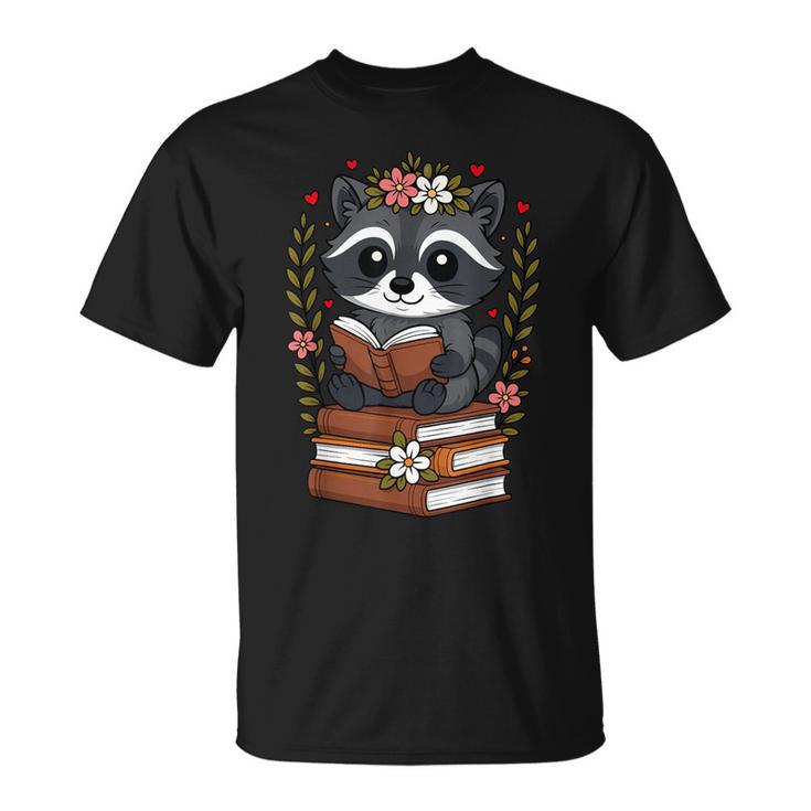 Racoon Reading Book Graphic Racoon With Book Floral T-Shirt Racoon Reading Book Graphic Racoon With Book Floral T-Shirt