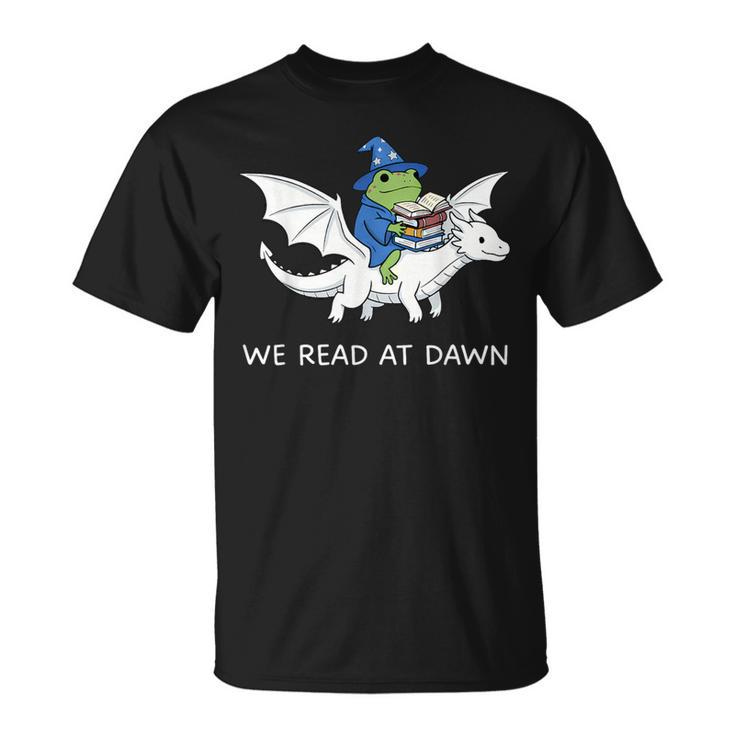 We Read At Dawn Bookish Frog Wizard Reading T-Shirt