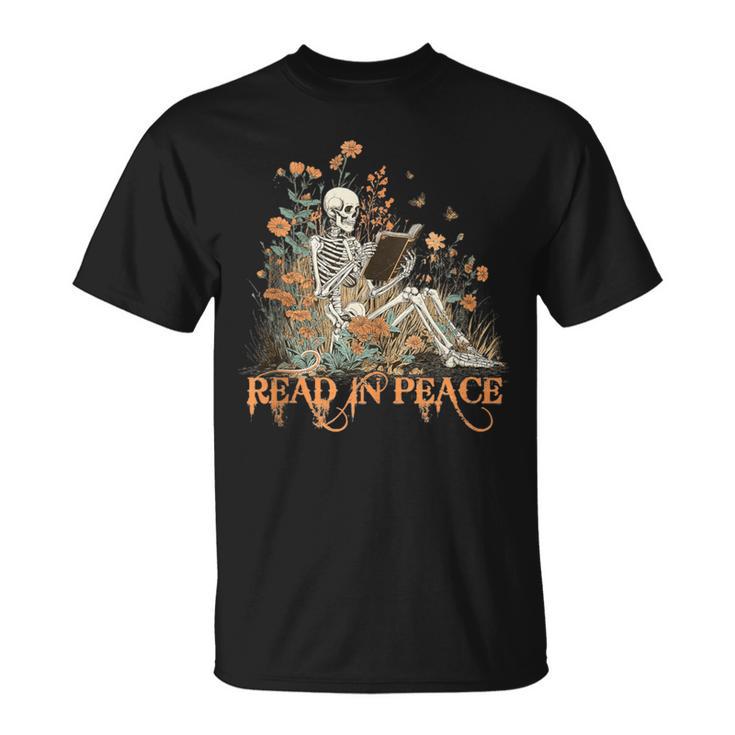 Read In Peace Skeleton Reading Book Halloween Bookish T-Shirt