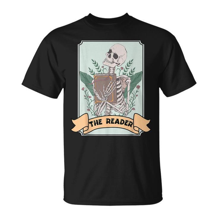 The Reader Tarot Card Skeleton With Book Lover Bookworm T-Shirt