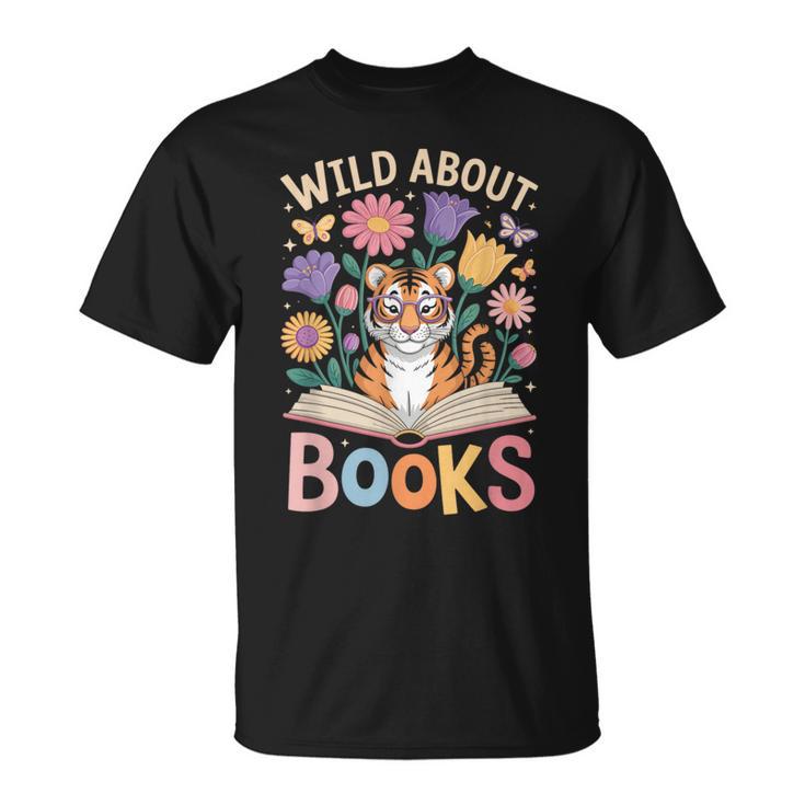 Reading Enthusiast Book Lover Tiger Cute Flowers T-Shirt
