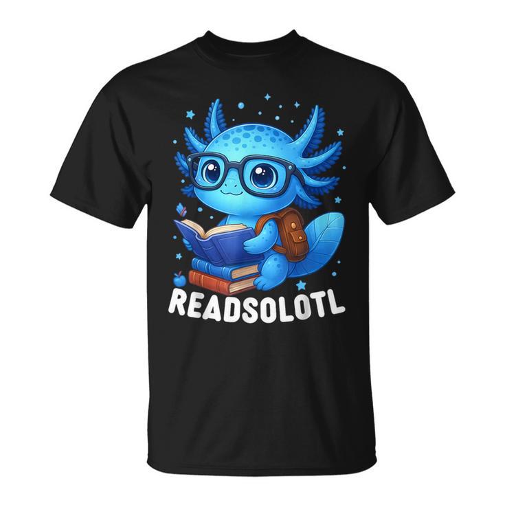Readsolotl Blue Kawaii Axolotl Book Lover Reading T-Shirt
