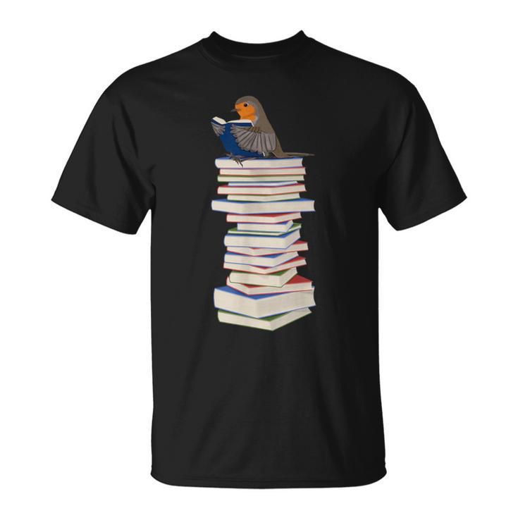 Robin Bird Reads Books Garden Backyard Birds T-Shirt