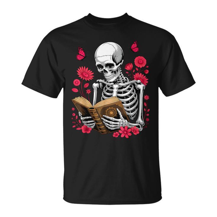 Skeleton Reading Book Lover Floral Flowers Bookish Bookworm T-Shirt