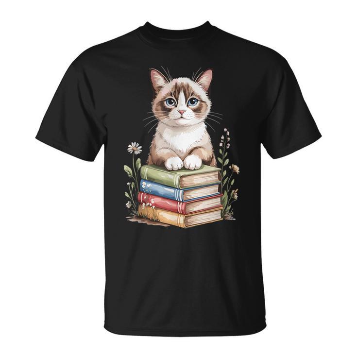 Snowshoe Cat Bookworm Flowers Book Reading Books T-Shirt