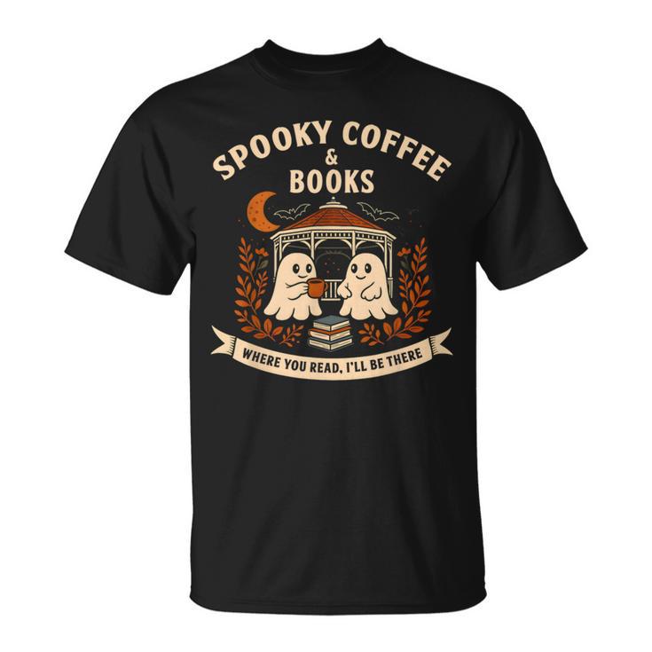 Spooky Coffee & Books Ghost Autumn Reading T-Shirt